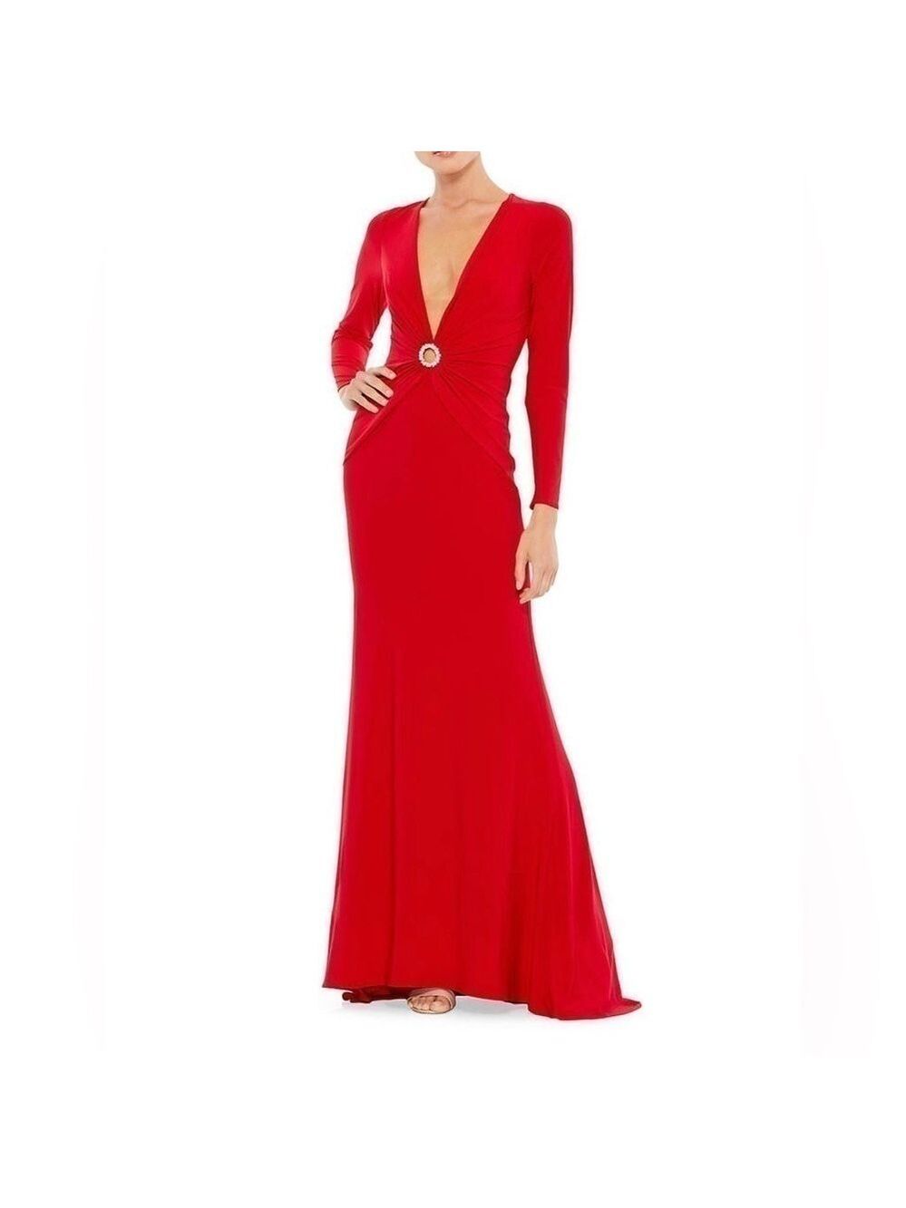 Nwt Ieena by Mac Duggal Gathered Pearl Long Sleeve Keyhole Gown Dress in Red